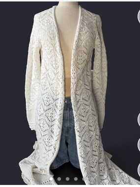 Cream Open-Front Crochet Longline Cardigan